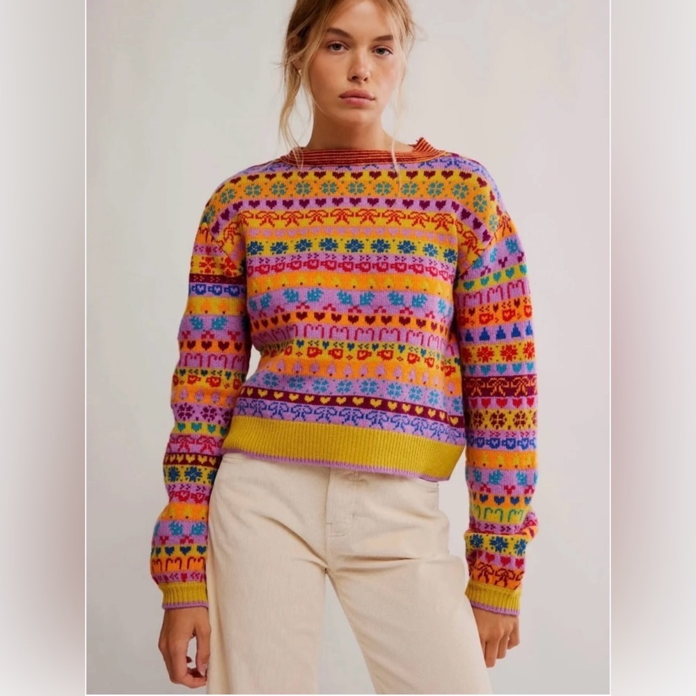 Free People Favorite Things Wool Sweater Bright Confetti Jacquard Knit Size L - Picture 4 of 16